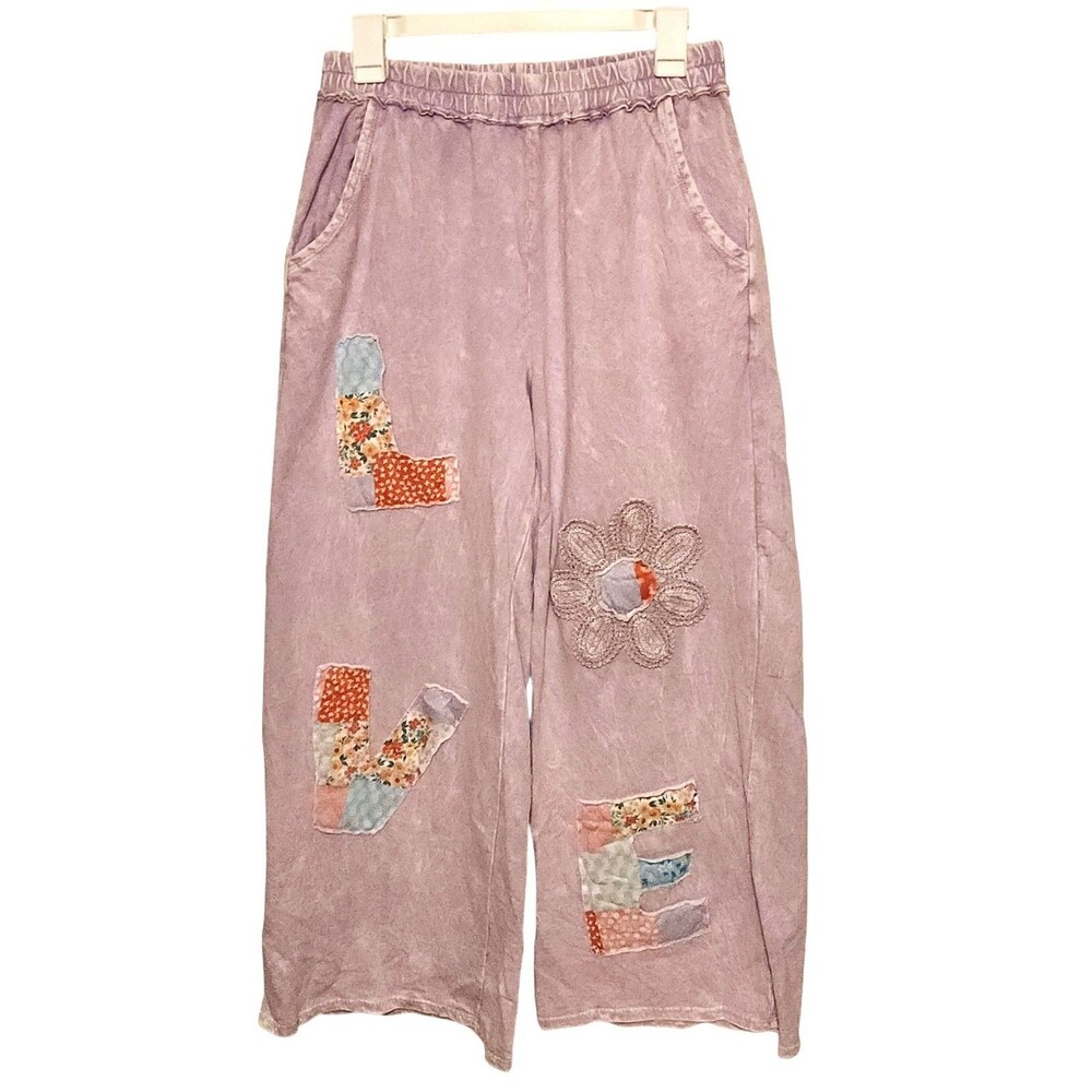 J. HER Wide Leg Pants Mineral Wash Lavender Patchwork Love Size Large Boho Chic